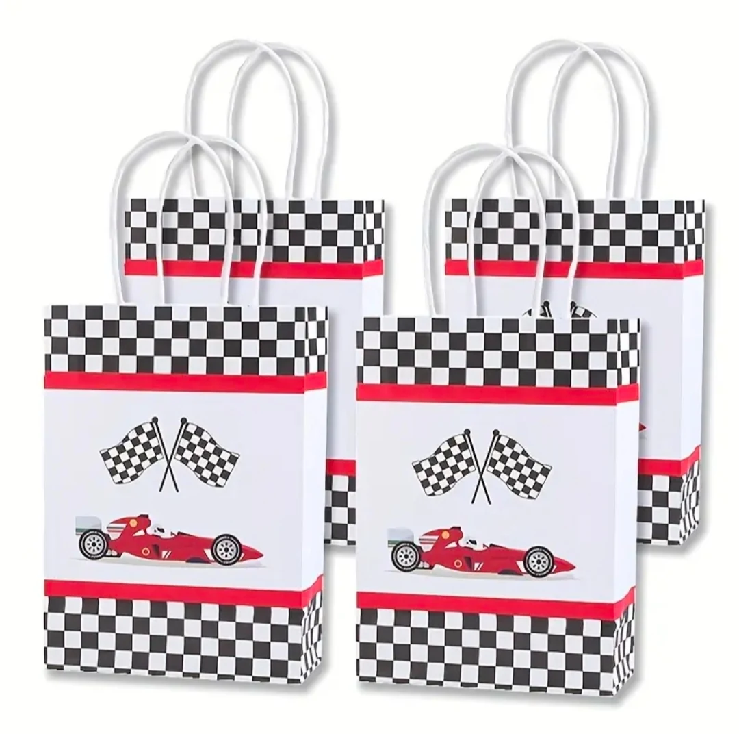 6pcs Racing Car Birthday Party Bags with Handles Checkered Flag Gift Goodies Treat Candy Tote Bags Racing Car Themed Party Favor