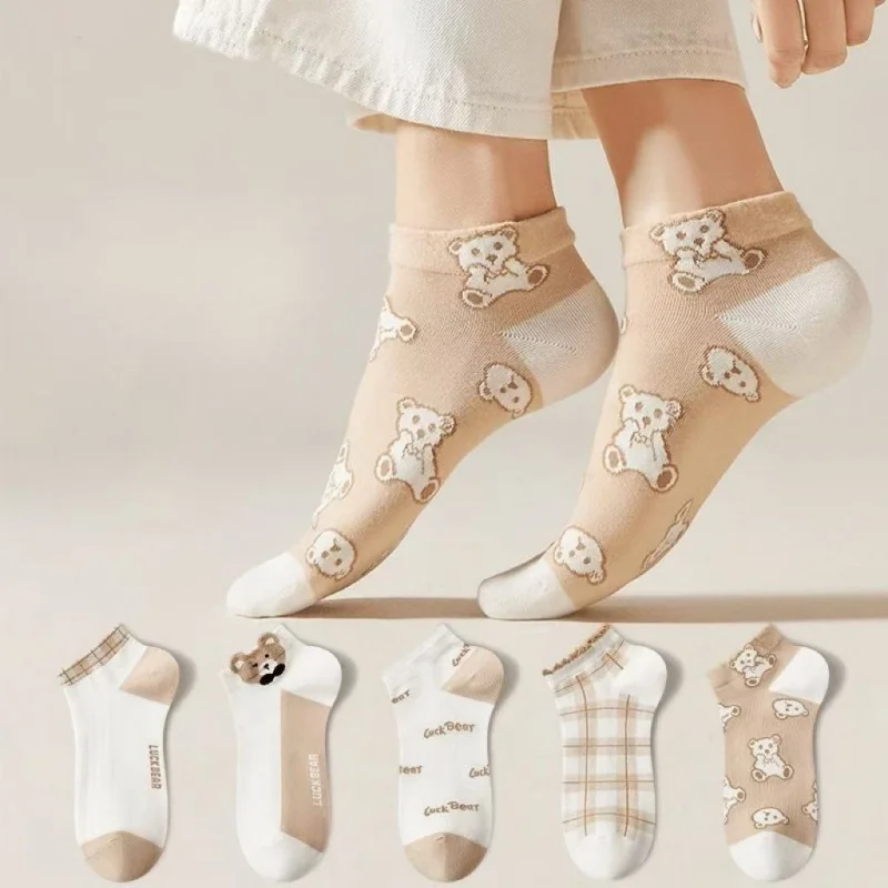 

Dreamlikelin 5pairs/Pack Women Socks New Cute Bear Print Spring Summer Short Socks Korean Style Women Ankle Socks