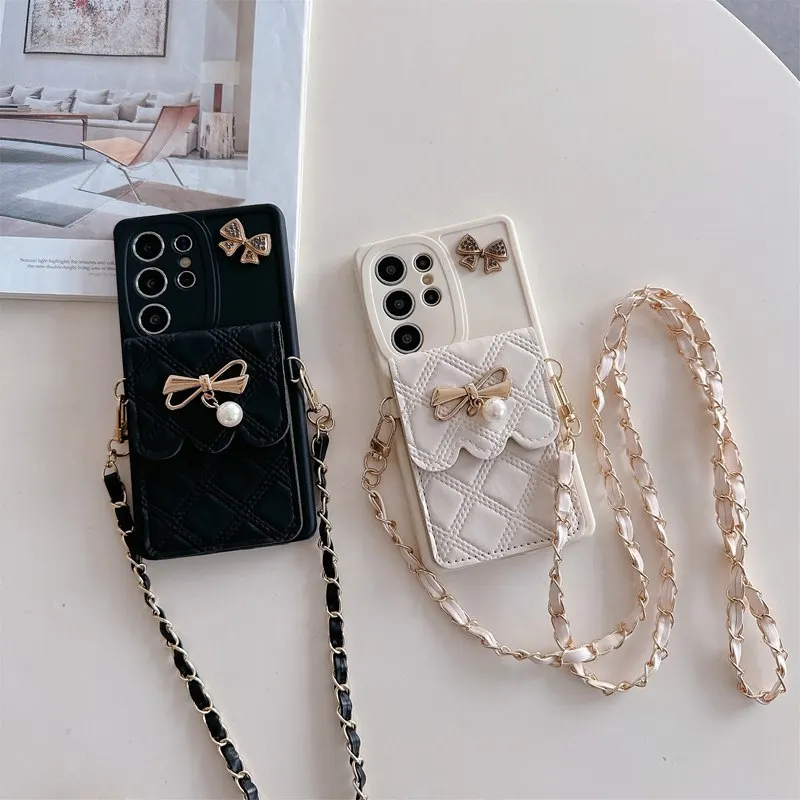 Pearl Bow Rope Chain Phone Case For Samsung Galaxy Note 20 S25 Edge S24 S23 S22 S21 S20 FE Ultra Plus A56 A36 A26 A16 5G Cover