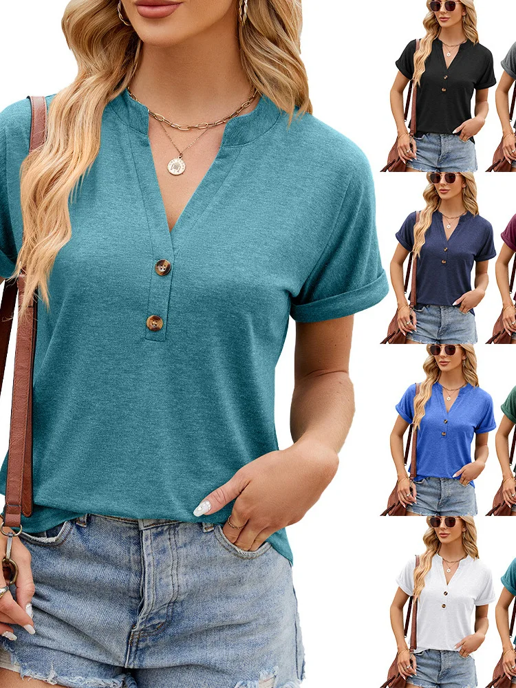 

Loose ort Sve V-Ne Button T-irt Women's Pure Color Street Sle Casual Top Breathable Comfortable Faionable