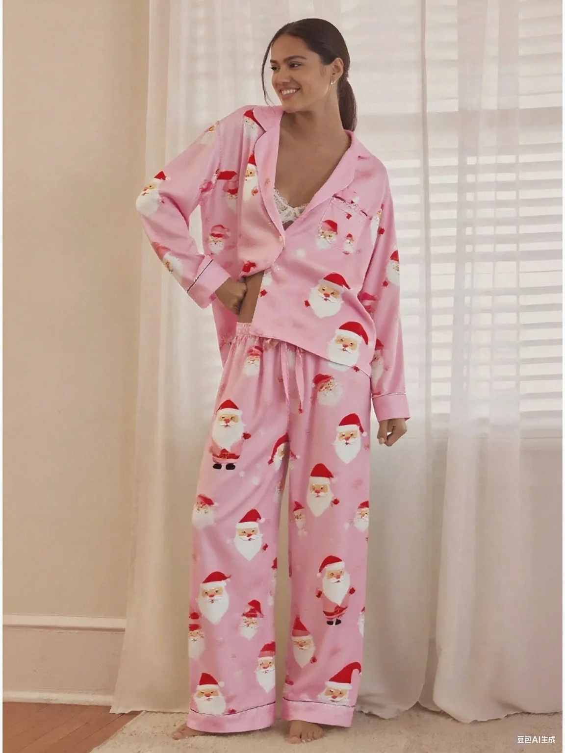 

Satin Pajama Set Women Feather Trimmed Long Sleeve Shirt and Pants Set Cozy Christmas Loungewear Holiday Sleepwear New Year Set