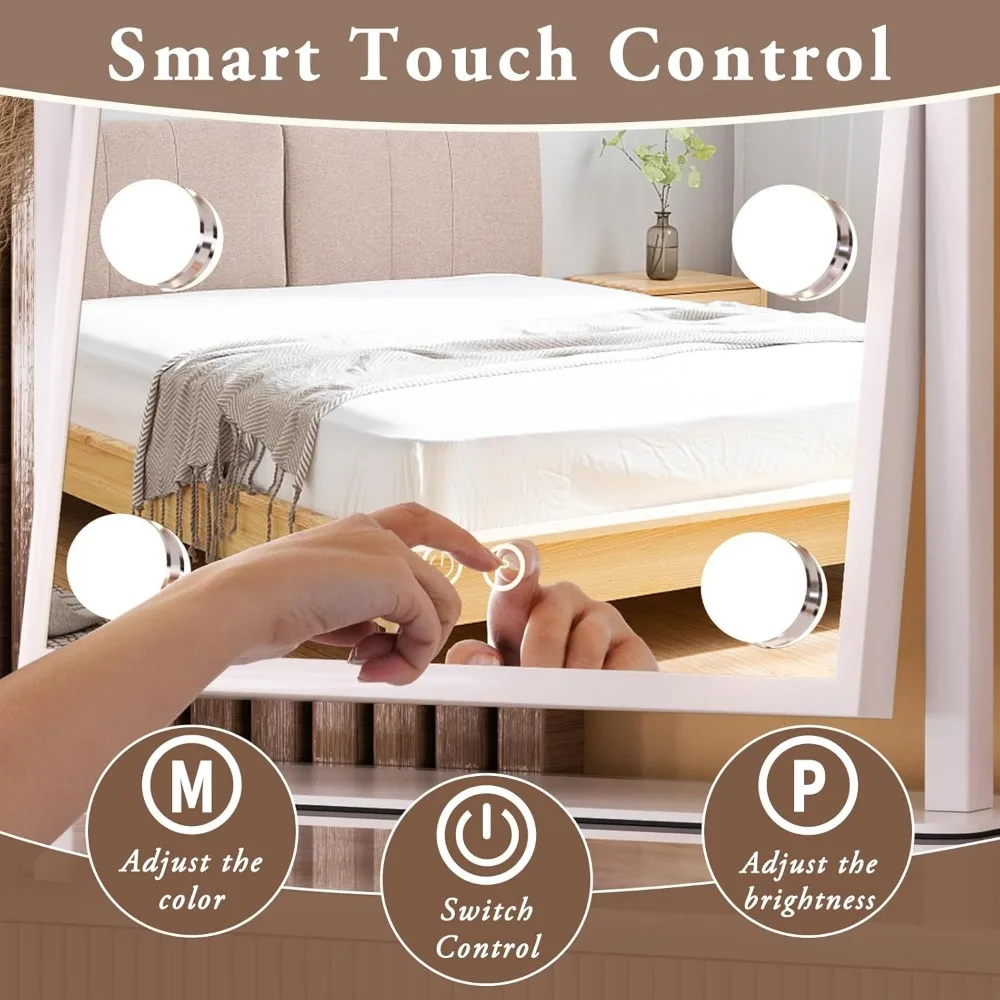 조명이 있는 화장대 거울, 밝기 조절 가능 전구 9 개, 3 색 조명 모드, 스마트 터치 컨트롤, 360 ° 회전 메이크업 거울