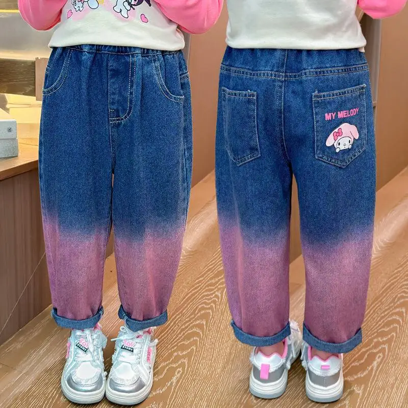 Sanrio Girl Leisure Jeans Spring Autumn Child Baby Fashion All Match Kuromi My Melody Printing Vitality Dyeing Straight Trousers