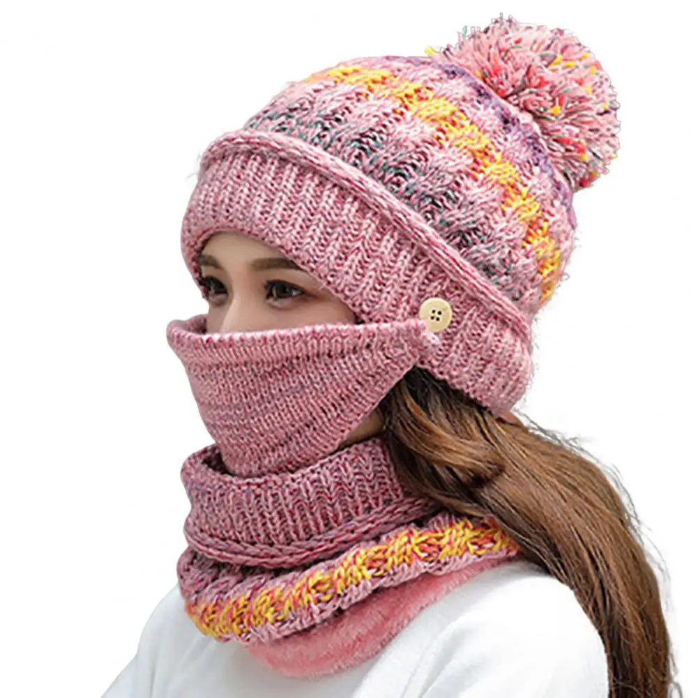 

Versatile Wearing Hat Scarf Cozy Knit Hat Scarf Face Guard Set with Plush Lining Furry Ball Decor Winter for Women for Weather