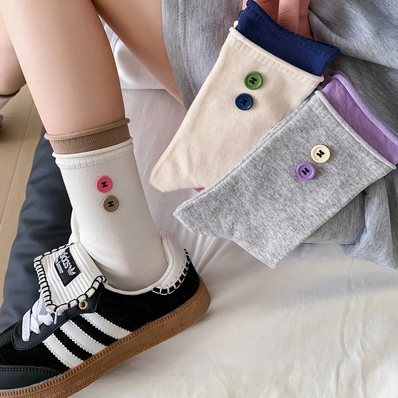

Button socks for women mid calf thin seamless stack socks double rib color block trendy socks
