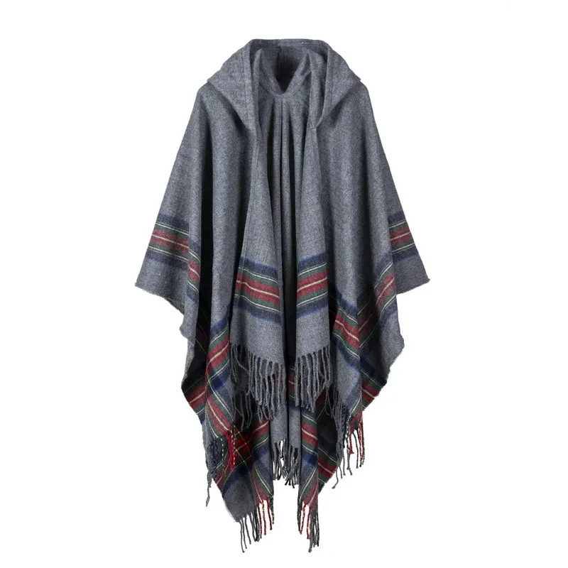 Autumn Winter Women Imitation Cashmere Jacquard Shawl Can Wear Warm Lengthened Fashionable Hooded Cloak Ponchos Capes Khaki