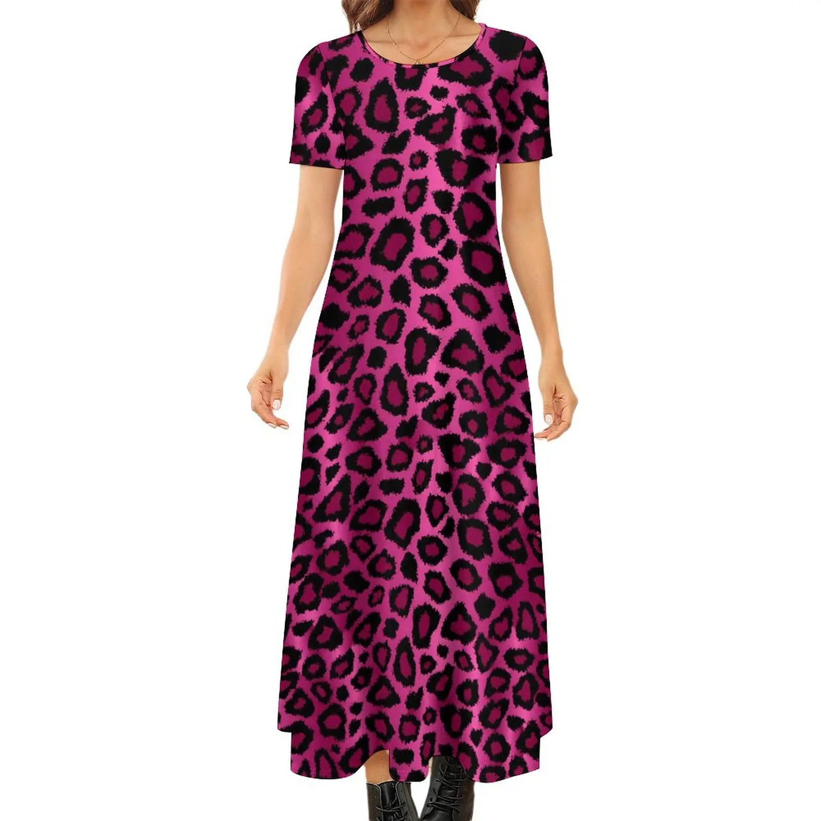 Vestido leopardo rosa estampa animal moderno maxi vestido feminino manga curta engraçado boho praia vestidos longos tamanho grande 6xl 7xl