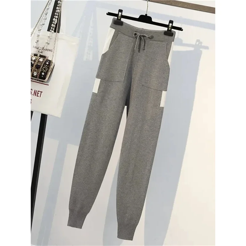 جديد الخريف الشتاء المرأة محبوك 2 قطعة مجموعة طويلة الأكمام س الرقبة ملابس رياضية البلوز سترة و جيب بدل رجالي 2 قطعة وتتسابق