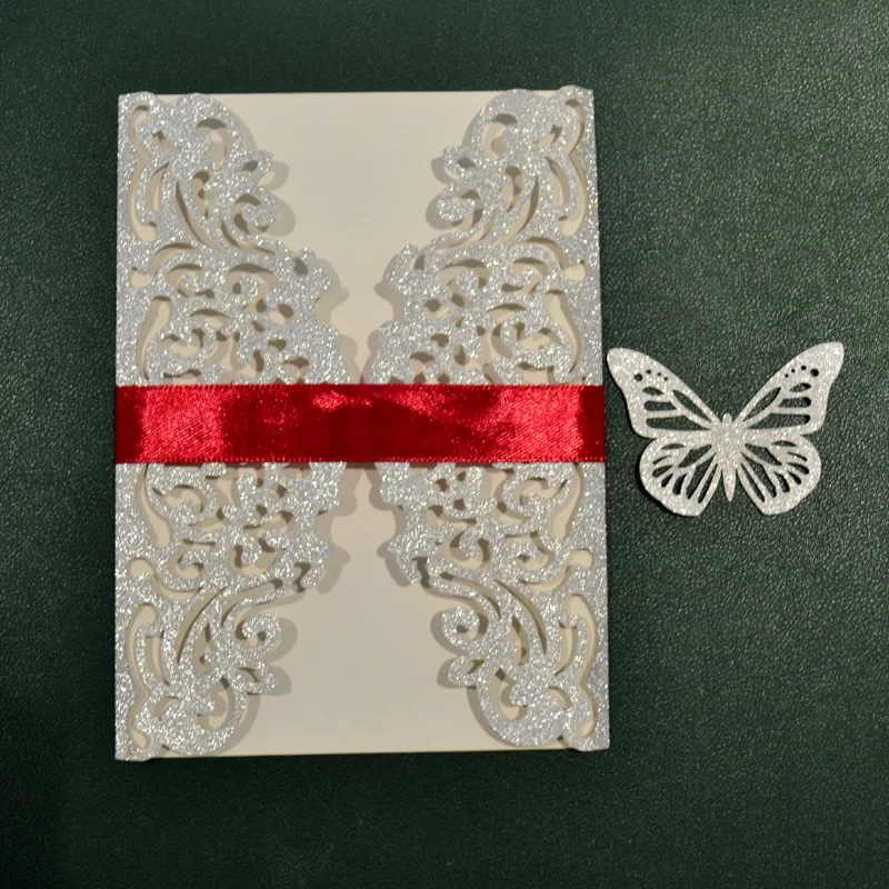 50 Pcs Gate Style Elegant Lace Wedding Invitations with Butterfly Laser Cut Butterfly Quinceanera Invitations