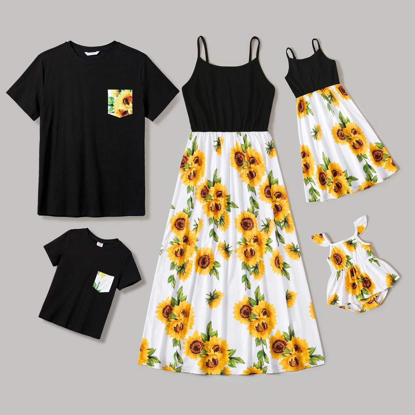 

PatPat Family Matching Solid Spaghetti Strap Splicing Sunflower Floral Print Dresses and Short-sleeve T-shirts Sets