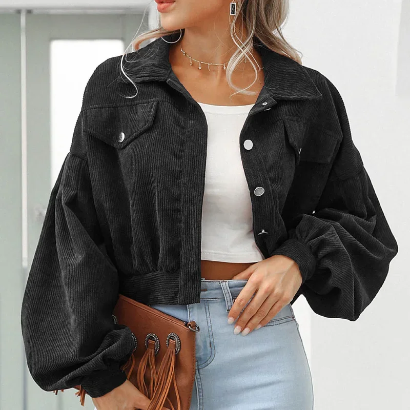 New Autumn Winter Jackets for Women Lantern Sleeve Tops Cropped Bomber Jacket Overcoat Outwear clothes Corduroy Coat 18047