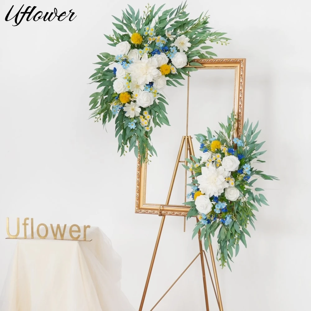 

Uflower White Rose Greenery Artificial Flower Row Wedding Backdrop Arch Decor Hang Floral Welcom Sign Decor Party Event Props