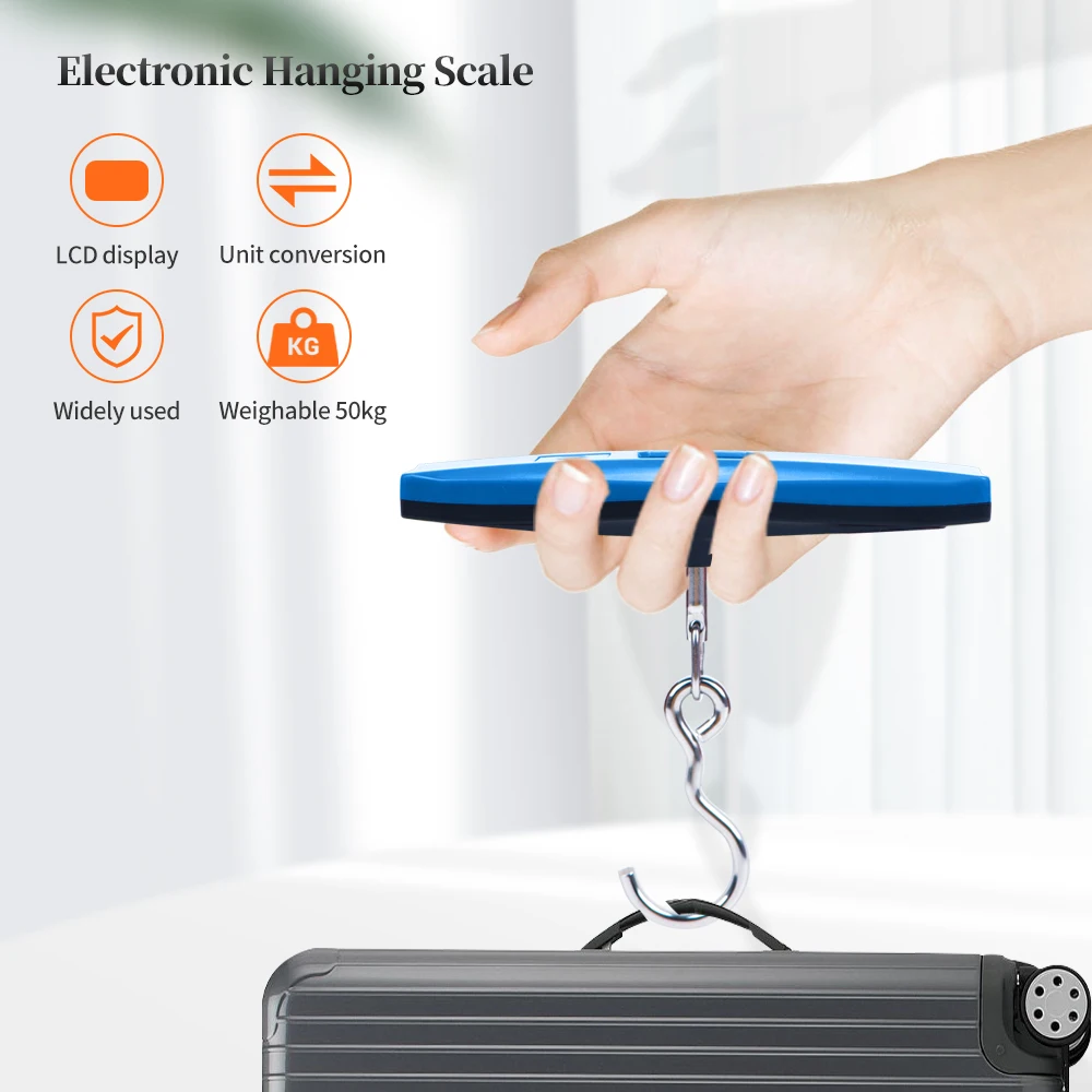 110lb/50kg Blue Square Hand Scale Digital LCD Display Electronic Luggage Hanging Suitcase Travel Weighs Baggage Weight Tool