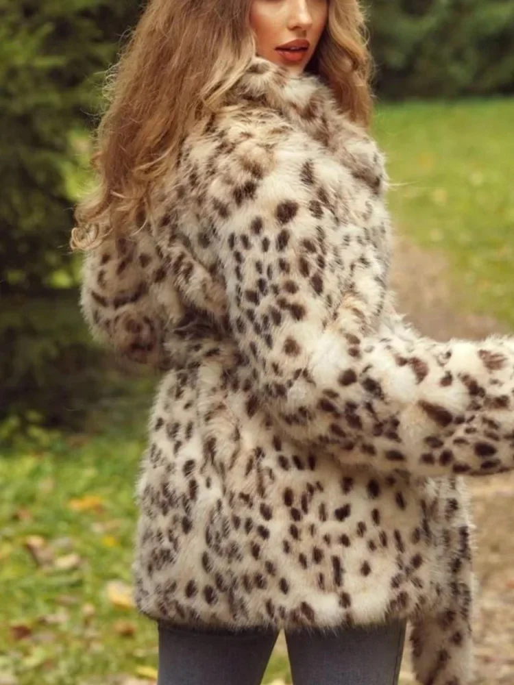 Leopard Warm Faux Fur Coat For Women Turn Down Collar Patchwork Sashes Pocket Coats Winter New Tide 2025 New