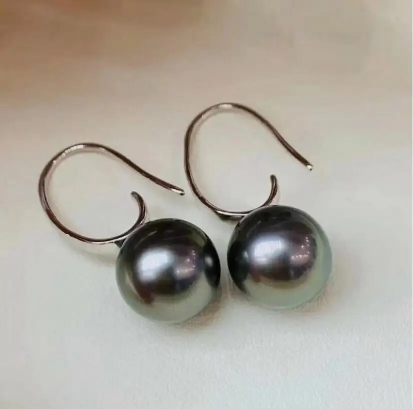 stunning pair 10-11mm 9-10mm tahitian round black green pearl earring 925s