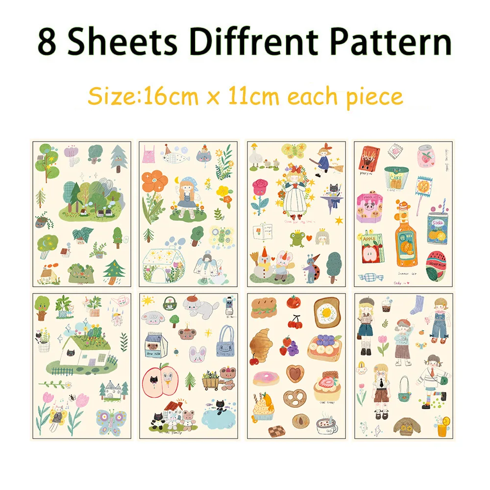 8 Sheets Korean Simple Drawing Collage Stickers, Aesthetic Waterproof Deco for Journal, Helmet & Storage Box