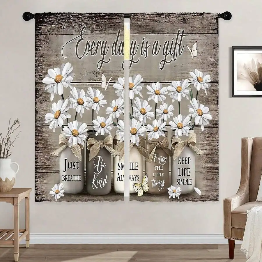 Farmhouse Floral Kitchen Curtains Daisy Rustic Vintage Short Cafe Window Tier Drapes 27.5x39 Inch