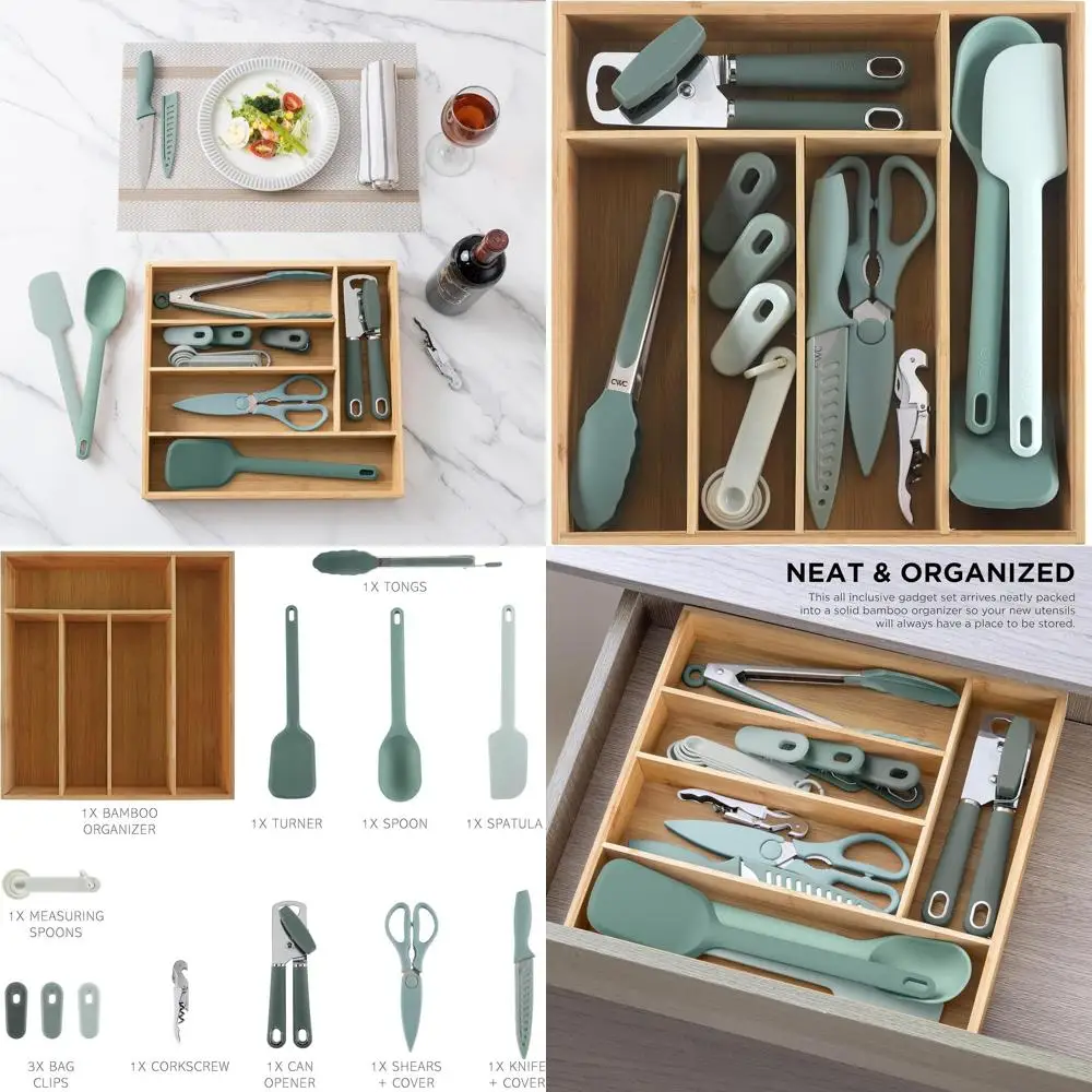 

Sage 18-Piece Bamboo Kitchen Utensil Set with Drawer Organizer and Storage Caddy