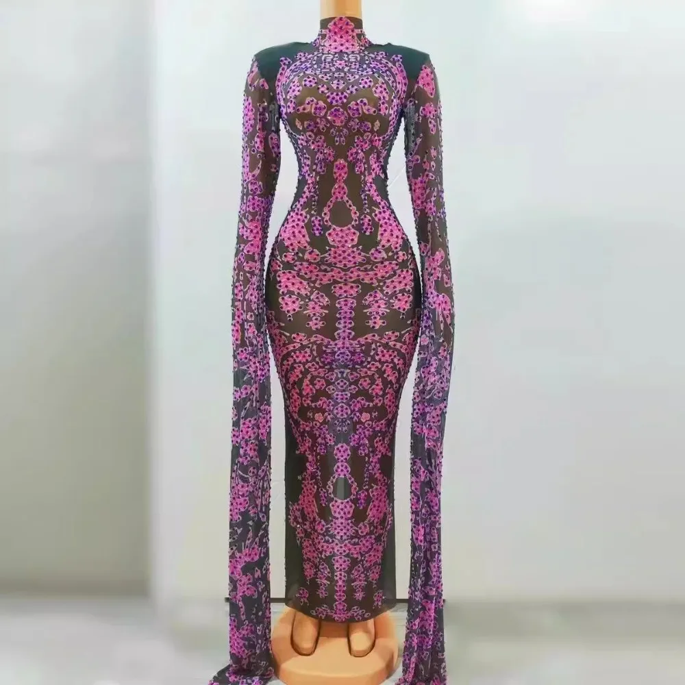 الموضة الراقية الياقة المدورة متعدد الألوان حجر الراين بأكمام طويلة شبكة سوداء فستان أنيق Vestidos Elegantes Para Bodas Invitados