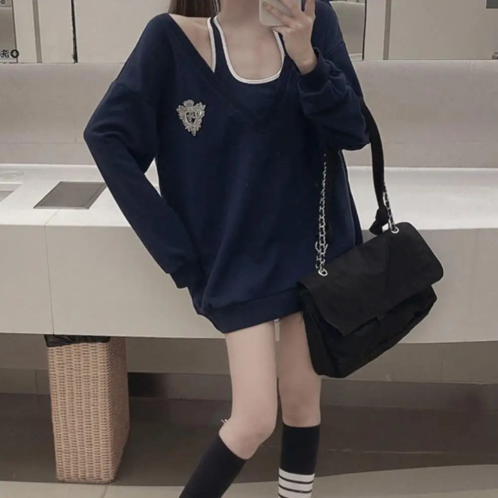 2Pcs/Set College Style V-neck Long Sleeve Mid-Length Vest Sweatshirt Set Women Casual Halter Vest Loose Blouse Set