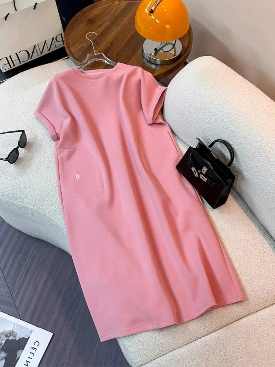 

plus Size Women's Casual Loose Fit Short Sleeve Embroidered Dress Summer Comfortable Mid-Length Skirt Korean Style Commute