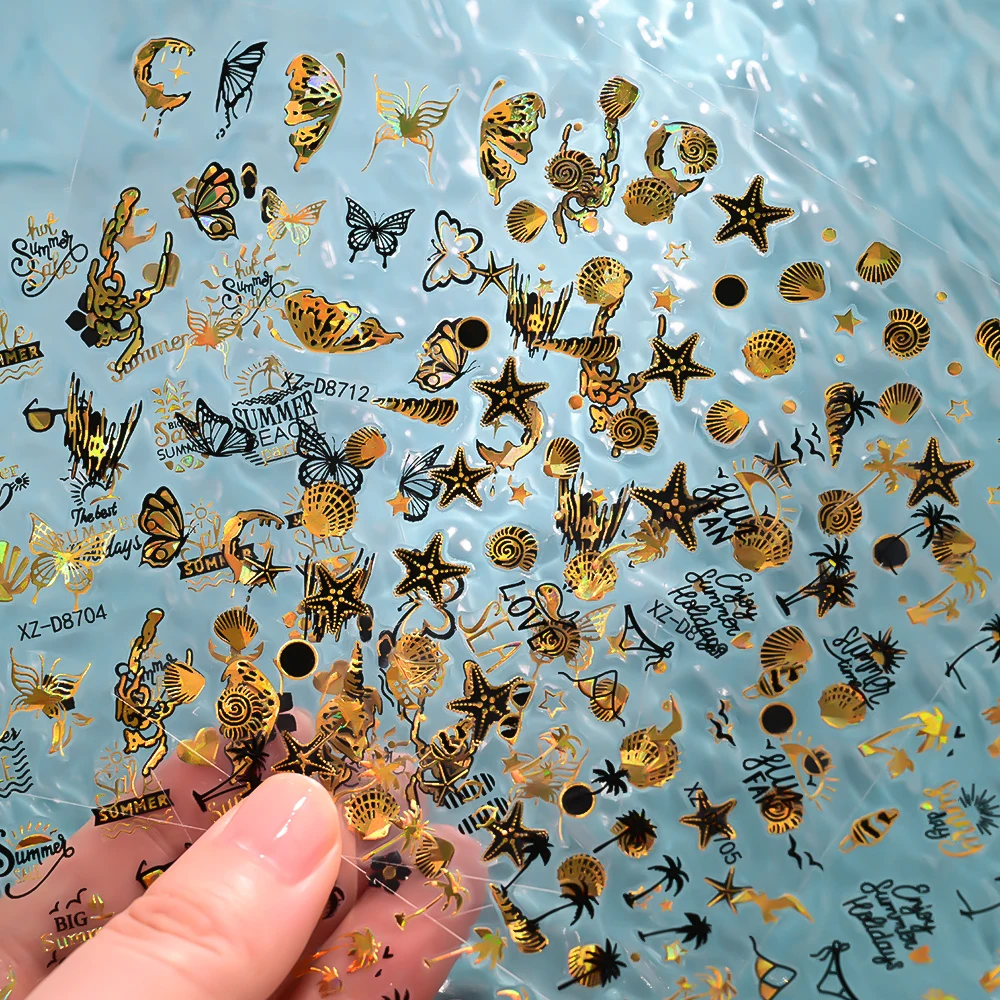 12 stks 3D Oceaan Wonderen Nagelstickers Laser Goud Metallic Nagelstickers Dolfijnen/Vis/Krabben/Zeepaardjes Beachy Zomer Nagelbenodigdheden *