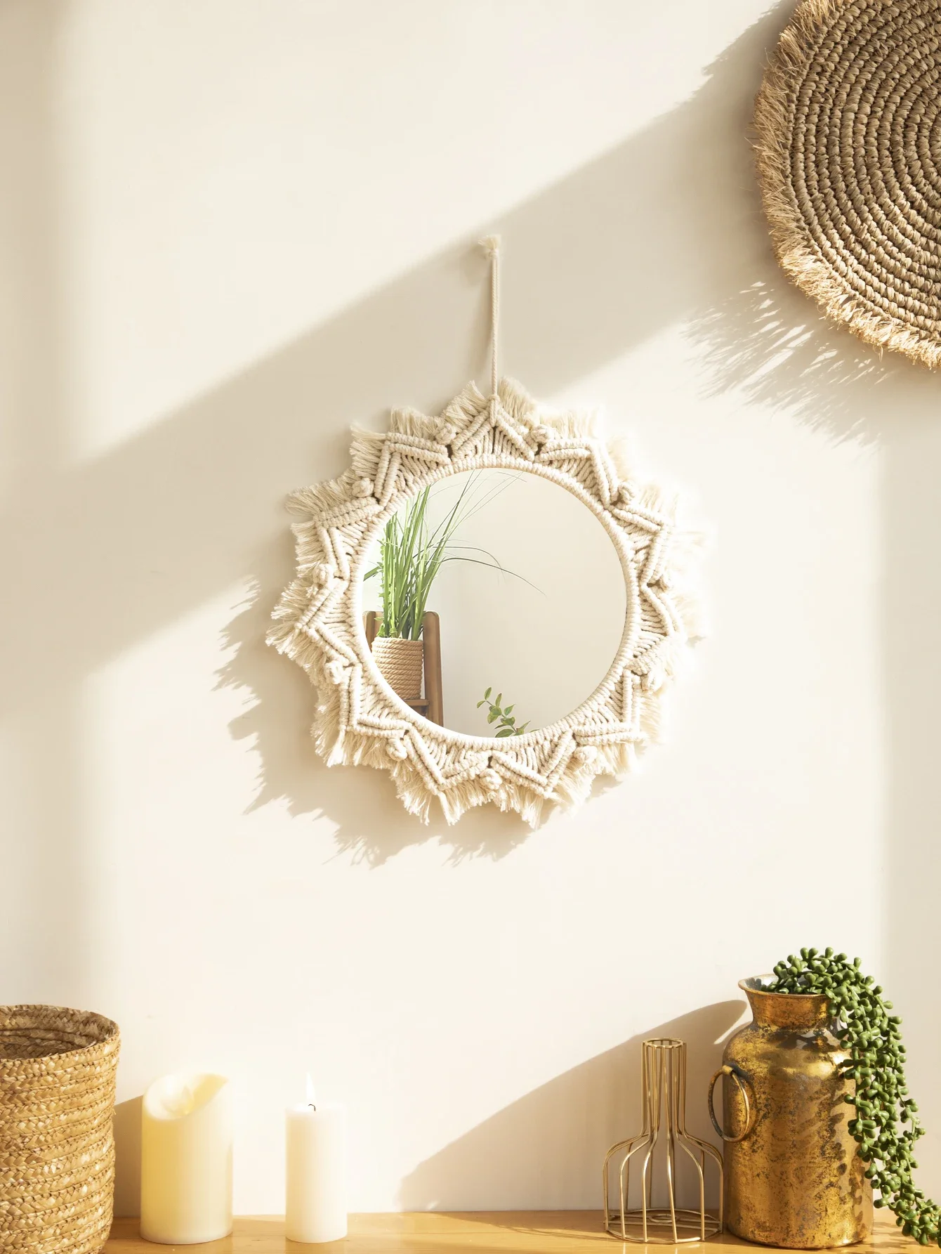 Boho Decorative Mirrors Macrame  Round Mirror Aesthetic Room Decor Hanging Wall Mirror for Bedroom Living Room House Decoration