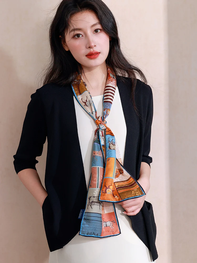 エレガントなシルクスカーフ-女性用-薄手-秋用-首保護-ロングショール-興祥雲シルクスカーフ-多用途ファッションアクセサリー