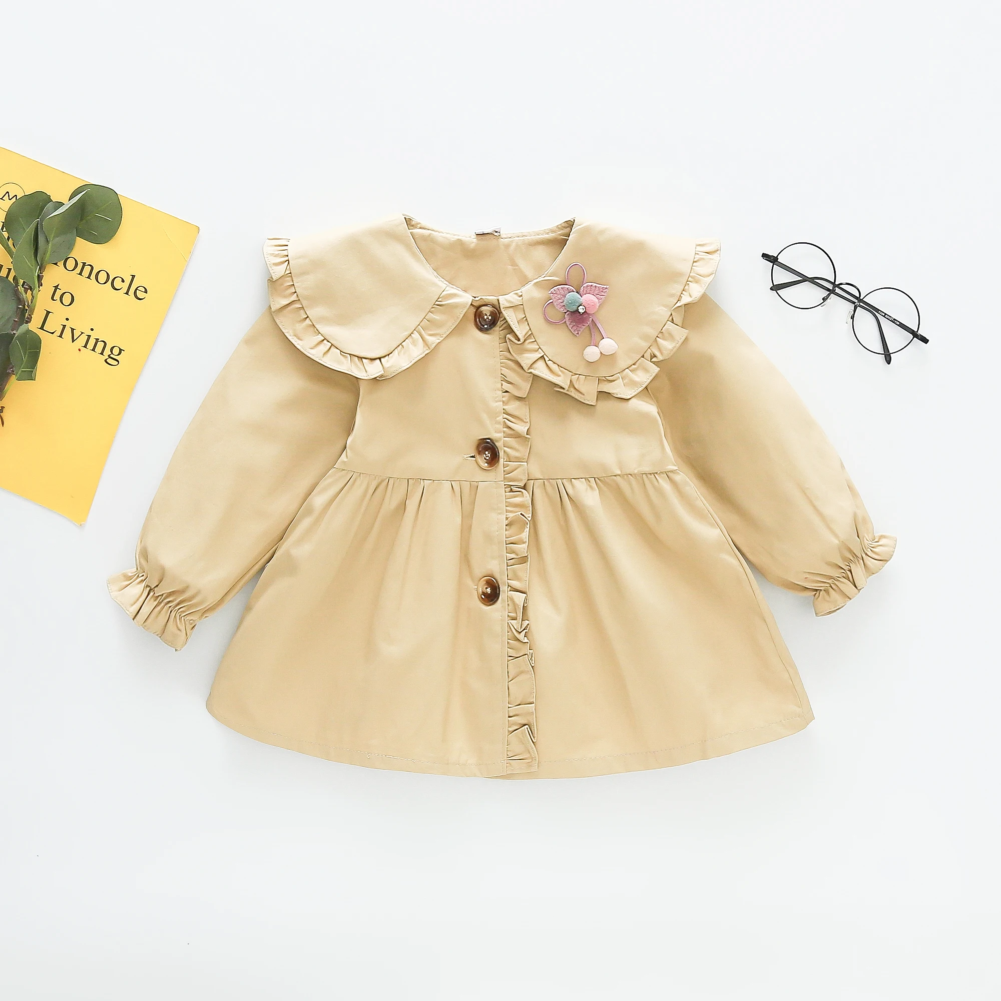 Spring Autumn Baby Girl Cotton Coat Korean Style Decorative Doll Collar Solid Color Long Sleeved Jacket for Girls Causal