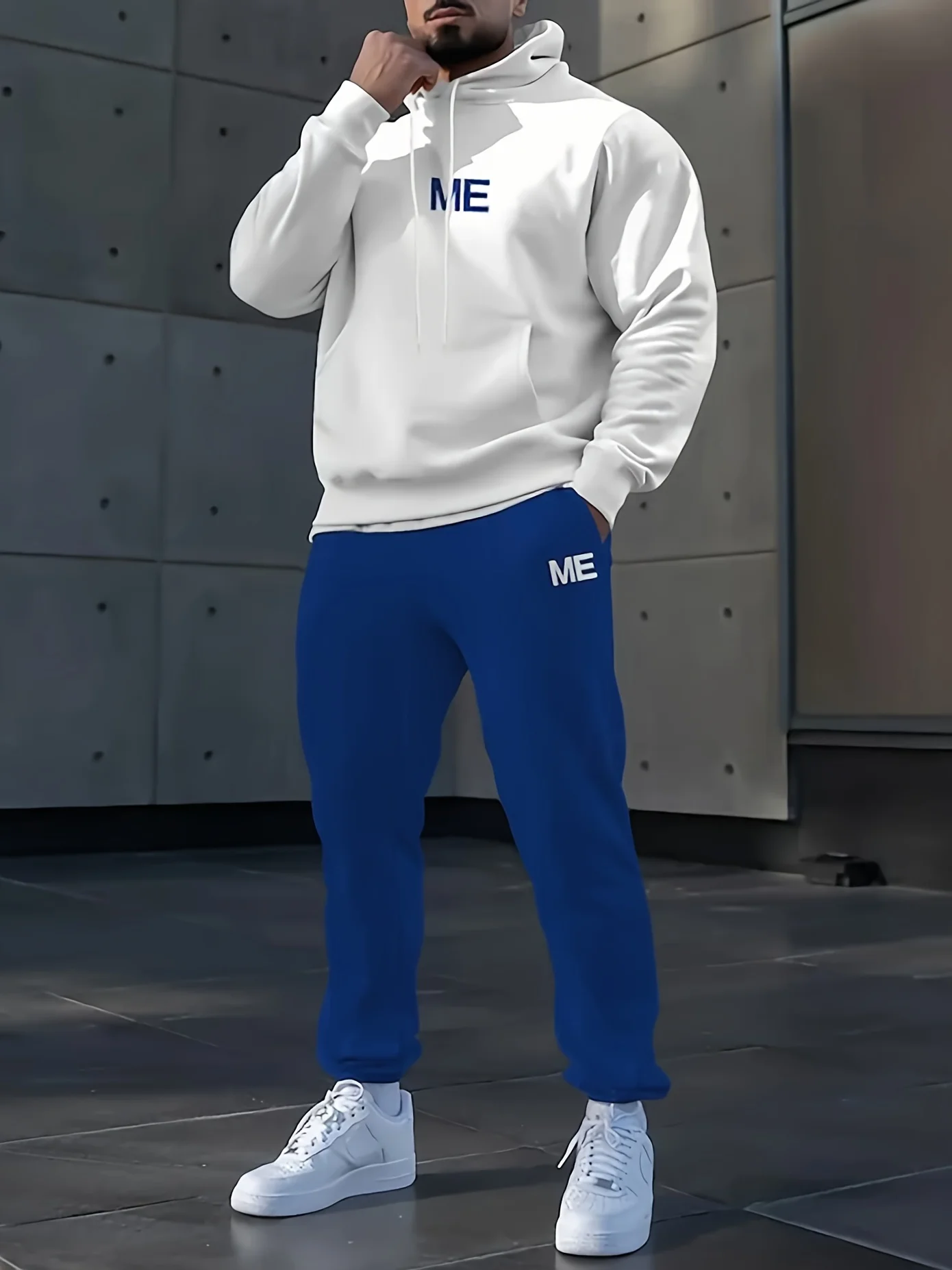 Men 2Pcs Sport Tracksuit Simple ME Letter Text Print Hooded Pullover Hoodie Drawstring Jogger Pants Streetwear Suit
