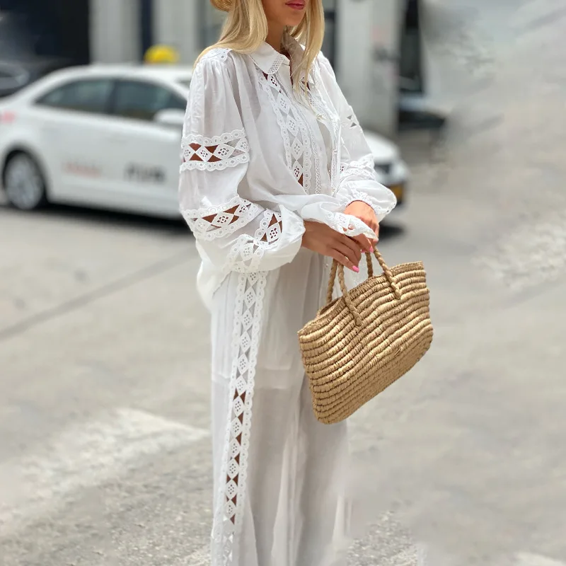 

European and American Style Elegant Two-Piece Set2025Summer New Fashion Turn-Down Collar Embroidered Shirt Top High-Waisted Stra