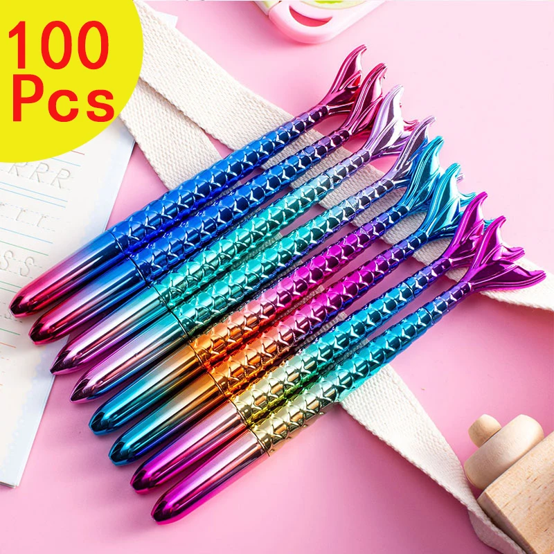 100Pcs Mermaid Ballpoint Pens Signing Pens Mermaid Tail Shaped Ballpoint Pens Stationery Supplies Writing Pen