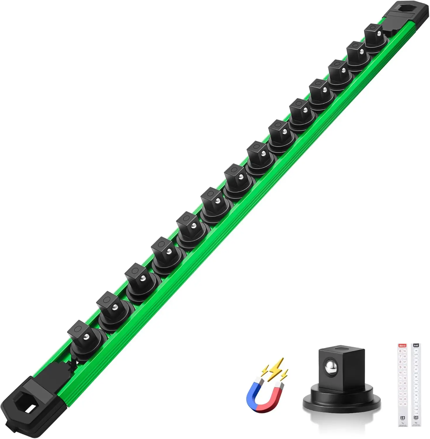 

Magnetic Socket Organizer, 3/8" Drive Aluminum Alloy Socket Rail, Heavy Duty with 14PC 360° Swivel Clips for Tool Box Drawer
