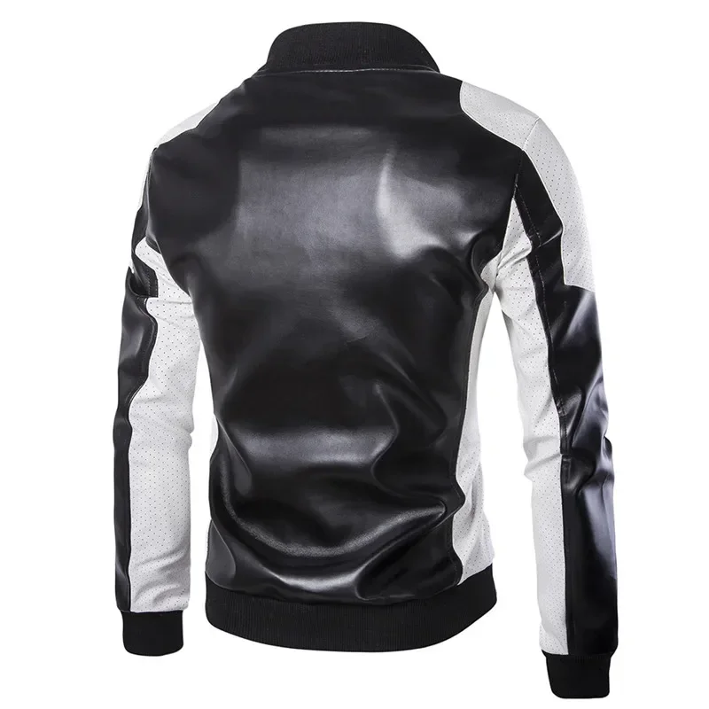 New Men Stand Collar Black White Color Matching Casual Leather Jacket Fashion Racing Clothing  PU Leather Jacket Plus Size 5XL