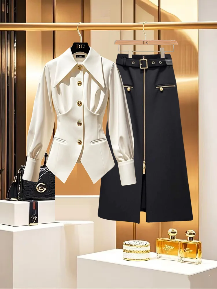 

Spring 2025 Slimming White Shirt And Skirt Set Luxury Waist-Cinching Fashionable Women's Long Sleeve Collar Button Outfit