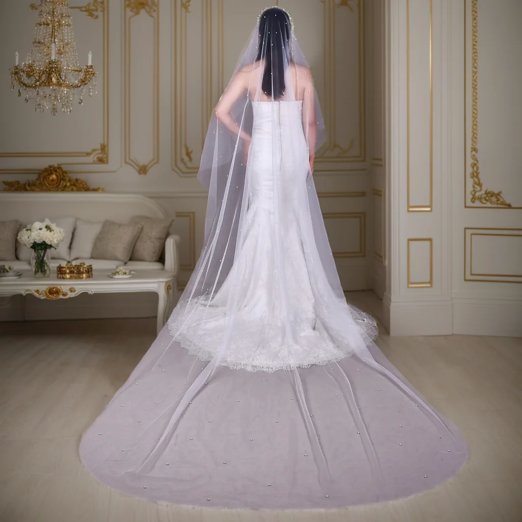 Voile de Mariage en Tulle Doux avec Perles pour Patients, Long, Cathédrale, Accessoire pour Mariée, V207