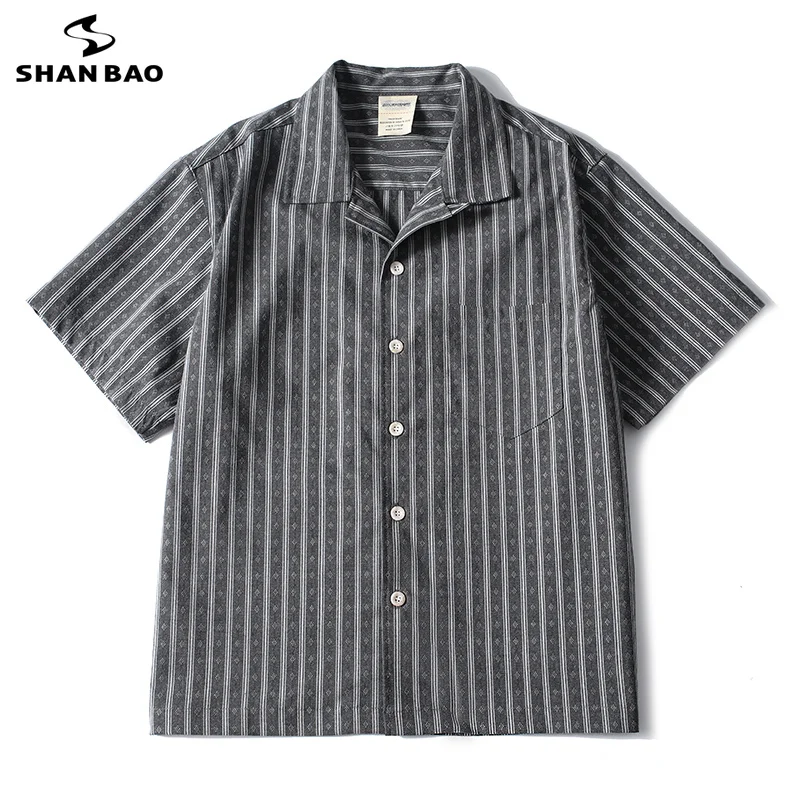 

SHAN BAO 2026 summer brand retro striped jacquard men's Cuban collar loose short-sleeved shirt American casual bagg shirt