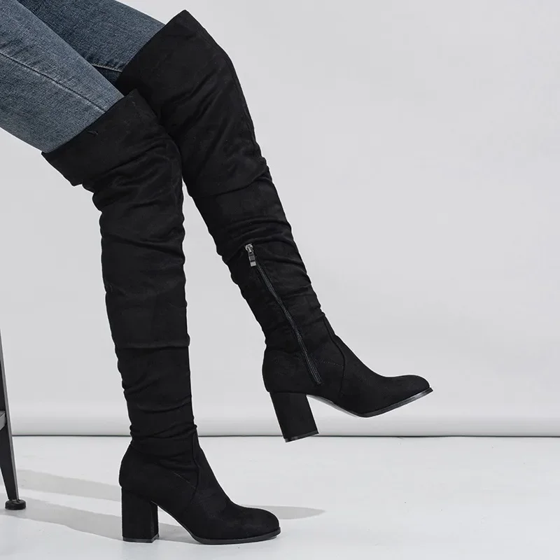 2024 Winter New Pointed Over-the-knee Boots Sexy Zipper Suede Street Mesh Modern Heels Women\'s Boots Outdoor Pleated Long Boots