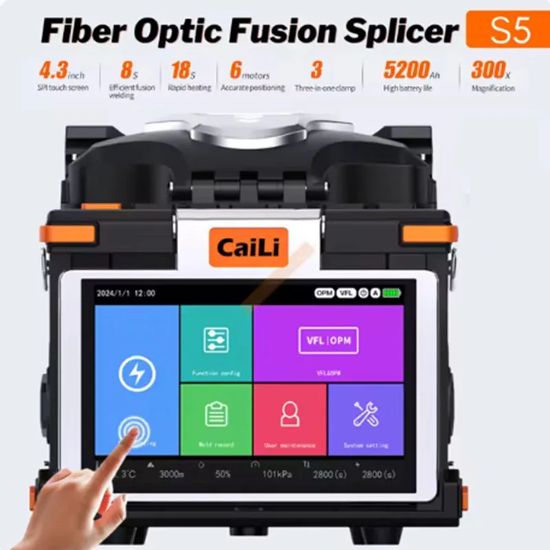 FTTH S5 Optical Fiber Fusion Splicer 6 Motors With Build In VFL OPM 18S Rapidly Heating SPI Touch Screen Hot Weldig