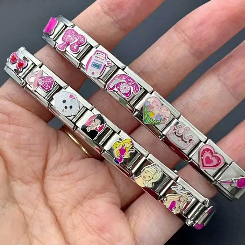 Italian Stainless Steel Charm Bracelet 9mm Module Combination Elastic Pink Series Super Cute DIY Youth Princess for Girl Women