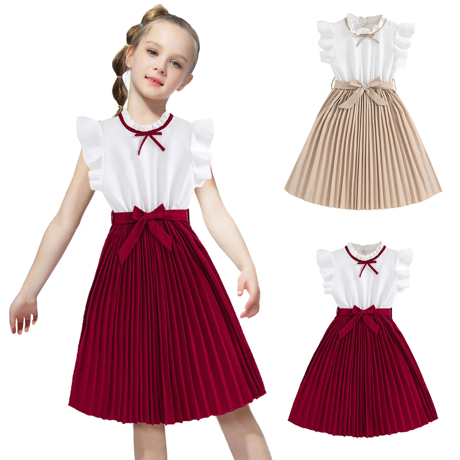 Casual Summer Dress for Kids Girls 7 to 12 Years Children Clothes Pleated Dress Sleeveless High Waist Princess Dress with Belted