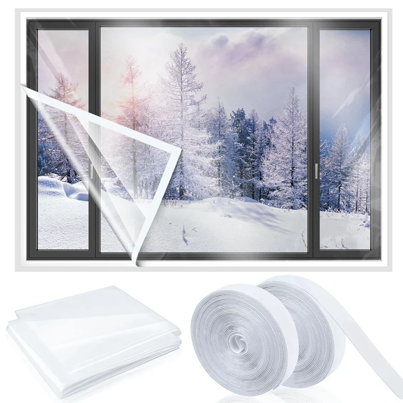 Window Insulation Kit Cuttable Transparent Film With Adhesive Straps Winter Reusable Window Plastic For Winterizing
