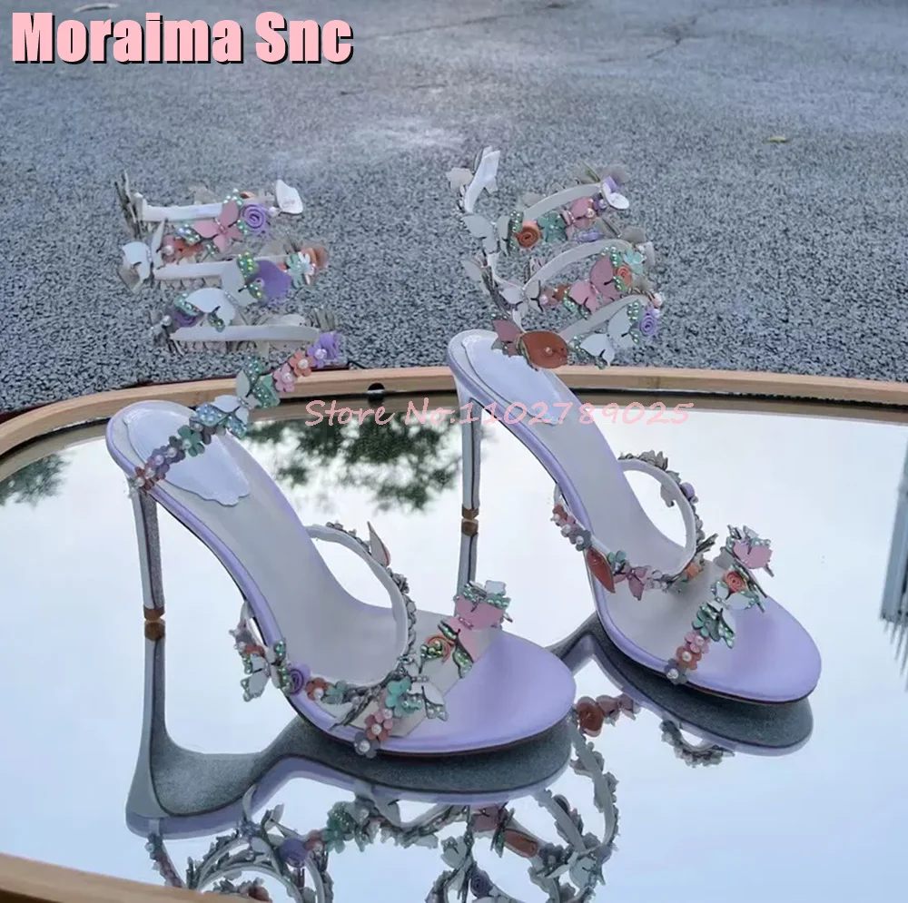 Butterfly Flower Decor Snake Wrapped Sandals Stiletto High Heel Round Open Toe Pearl Designer Women Shoes Summer Banquet Party