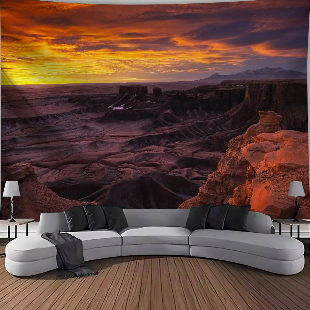 Canyon Sunset Landscape Tapestry, Red Orange Golden Sky Badlands Rock Formation Wall Wild Wilderness Scenery Living Room Decor