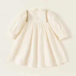 Girls Casual Dresses French Retro Solid Color Long Sleeve Niche Hepburn Style Pleated Stand Collar Puff Sleeve Dress