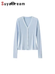 SuyaDream – Cardigans de printemps en mélange de soie véritable pour femmes, veste Slim à col en V, boutonnage simple, tricot d'été, kaki, bleu, jaune, 6%, 2023