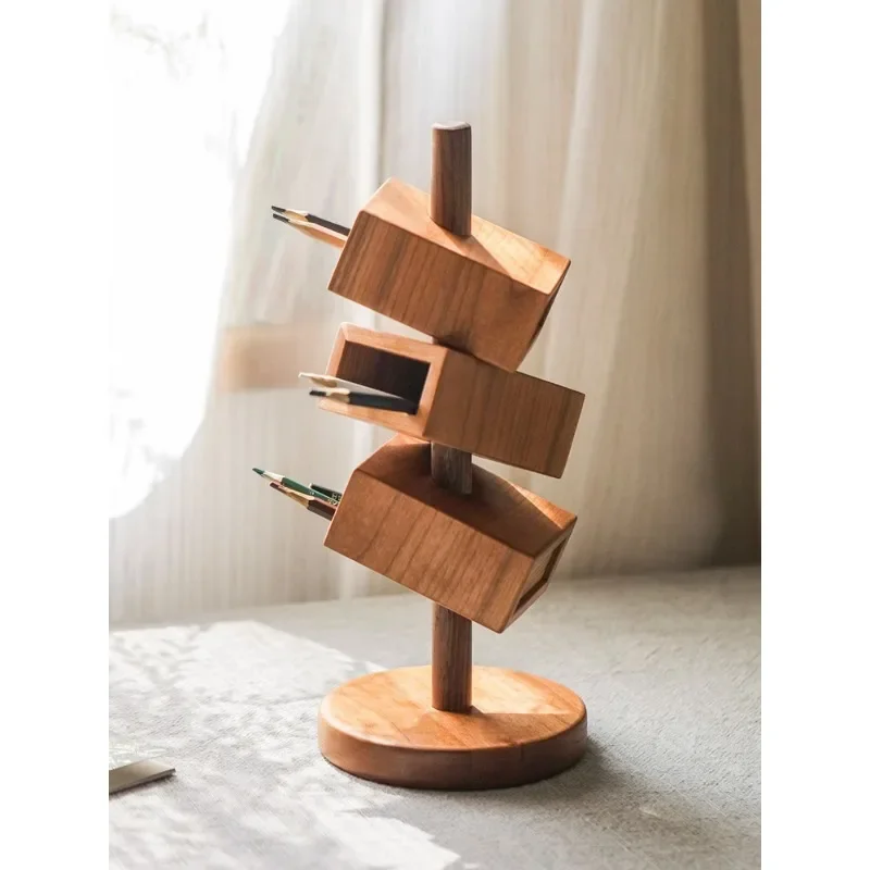 Creative Wood Oblique Pen Holder, Multifunctional Office Desktop Organizer, Study Stationery Storage Rack, Unique Holder