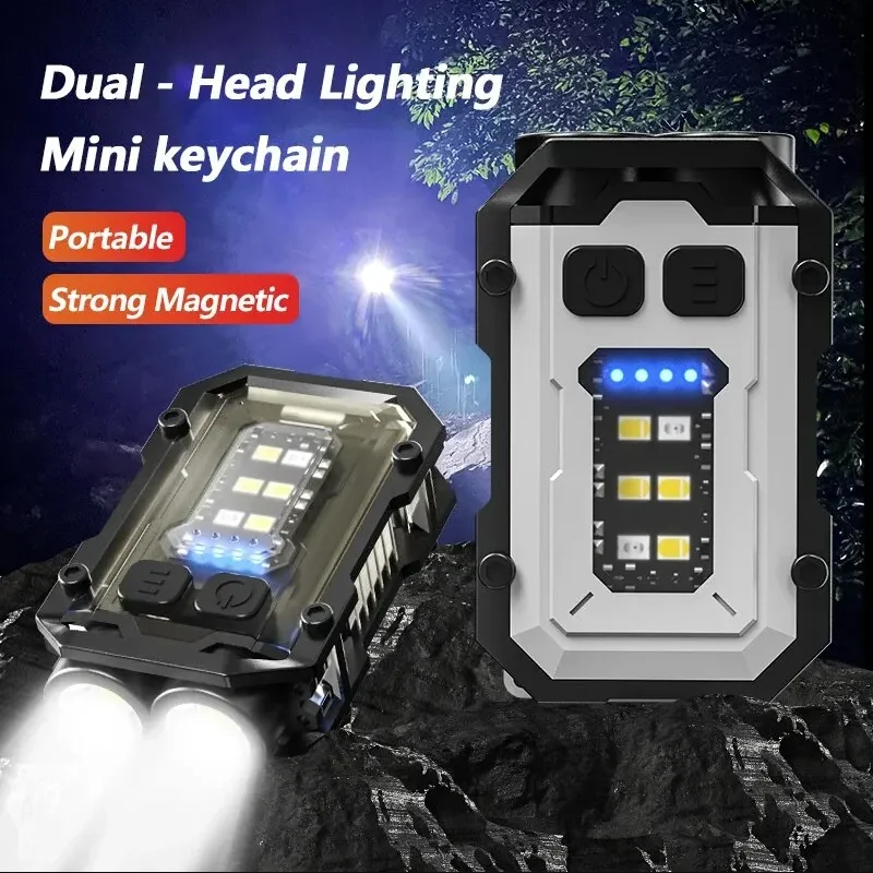 Dual LED small flashlight with cob side lights, multifunctional work warning light, strong magnetic waterproof mini keychain lig