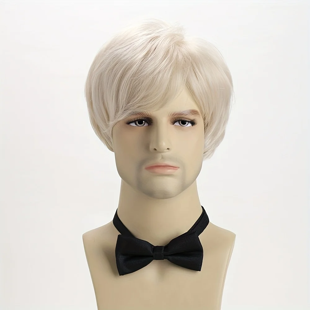 10inch Men's Stylish Light Blonde Slightly Curly Short Hair, Rose Net Synthetic Fiber with Side Bangs
