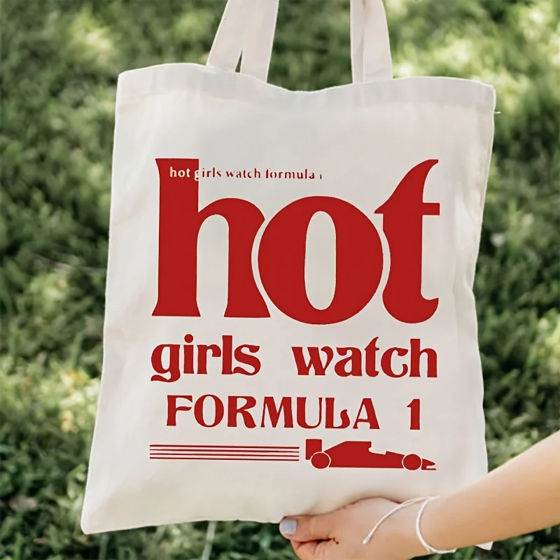 Letter Hot Girls Watch Formula 1 Pattern Tote Bag, Casual Canvas Shoulder Bag, Shopping Bag Carrier Bag